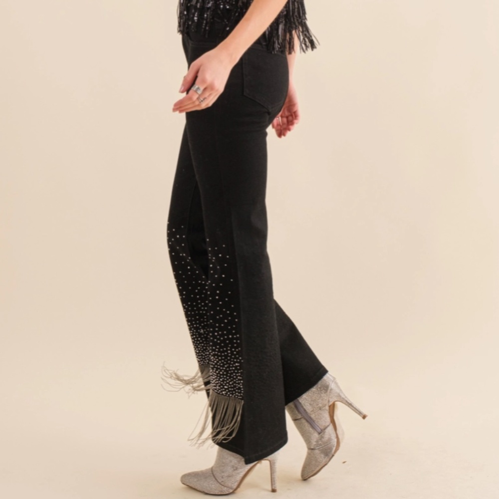 NEW! by Blue B Cotton Stretch Studded Rhinestone Fringe Bell Bottom Jeans Sz SML - Picture 3 of 16